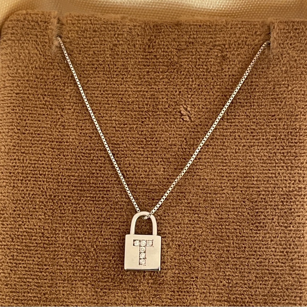 Real Solid 14K White Gold Diamond Initial Letter T Padlock XS Pendant Necklace